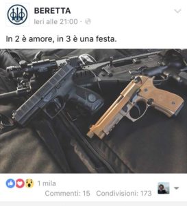 Beretta correda una foto di armi col titolo della canzone "In 2 è amore, in 3 è una festa" del gruppo Lo Stato Sociale, proteste dei musicisti.