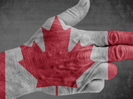 Il Canada valuta la proibizione delle armi Mano che fa gesto della pistola con bandiera del Canada sul dorso: Ottawa valuta la proibizione delle armi