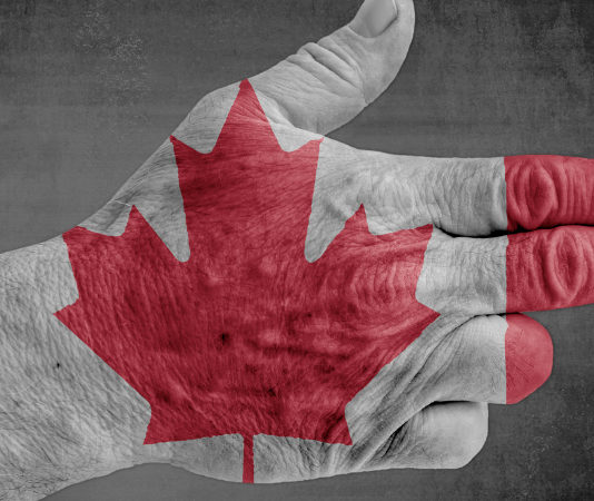 Il Canada valuta la proibizione delle armi Mano che fa gesto della pistola con bandiera del Canada sul dorso: Ottawa valuta la proibizione delle armi