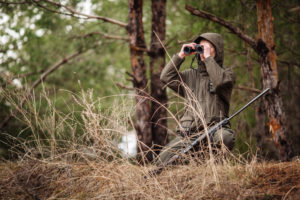 Cacciatore con fucile e binocolo nella foresta a caccia di domenica