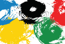 Ufficiale: niente Tokyo 2020 Tokyo 2020 rinviato: bandiera olimpica dipinta con macchie di vernice