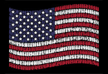 Vendita di armi in America, la situazione vendita di armi in america: bandiera degli stati uniti disegnata con proiettili
