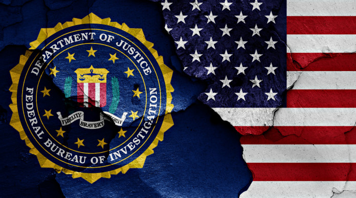 Background check per l’acquisto di armi: bandiera americana e dell'fbi dipinte su mur