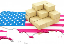 Armi importate in America: le statistiche dell’Atf Armi importate in America: immagine concettuale, scatole su mappa degli stati uniti con bandiera americana