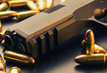 Calibro 9×19 per uso civile: Senato approva emendamento Calibro 9x19 per uso civile: pistola calibro 9 mm circondata da munizioni