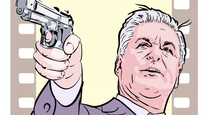 Incidente mortale sul set: disegno di Alec Baldwin che impugna pistola, pellicola sui lati