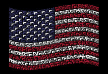 Mercato delle armi in America: la situazione a fine aprile 2022 Mercato delle armi in America: bandiera americana composta con armi
