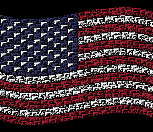 Mercato delle armi in America: la situazione a fine aprile 2022 Mercato delle armi in America: bandiera americana composta con armi