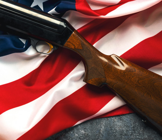 Vendita di armi in America: la situazione a fine ottobre Vendita di armi in America: fucile con calcio in legno su bandiera americana