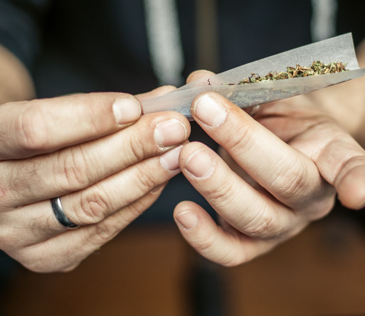 Assunzione occasionale di stupefacenti e porto d’armi, la sentenza Assunzione occasionale di stupefacenti e porto d’armi: mani di uomo preparano spinello con marijuana
