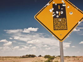 Porto d’armi vietato per trenta giorni in New Mexico Porto d’armi vietato per trenta giorni in New Mexico: cartello del deserto del new mexico segnato da colpi d'arma da fuoco