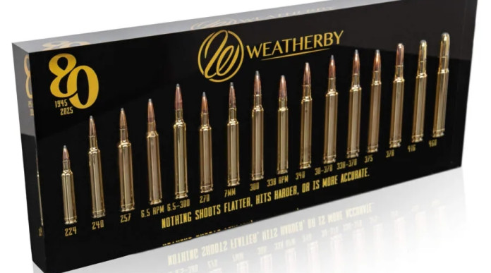Le sedici cartucce Weatherby in un cofanetto da collezione